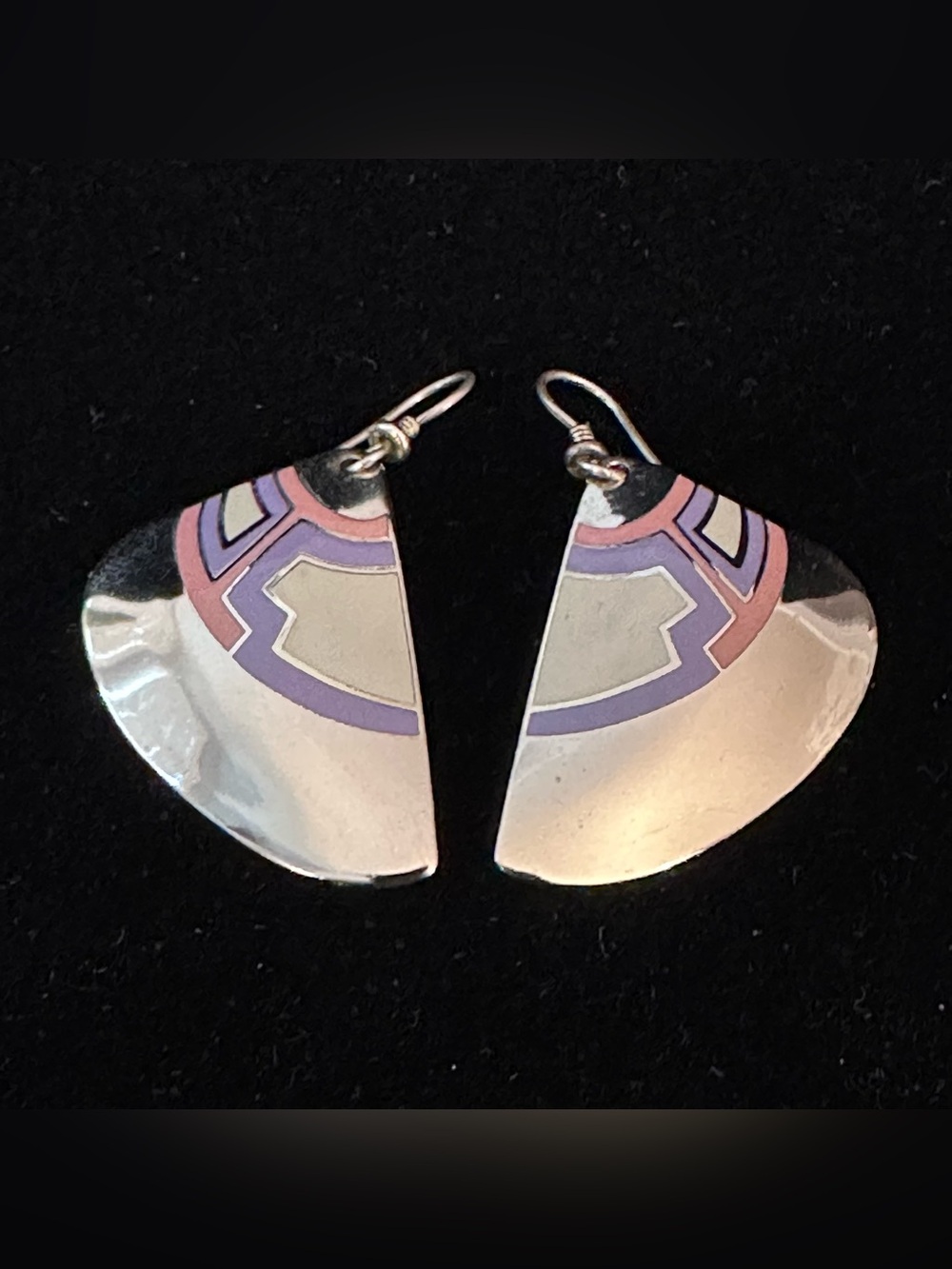Vintage 80s Laurel Burch Cloisonne Enamel Shield Dangle Earrings French Wire